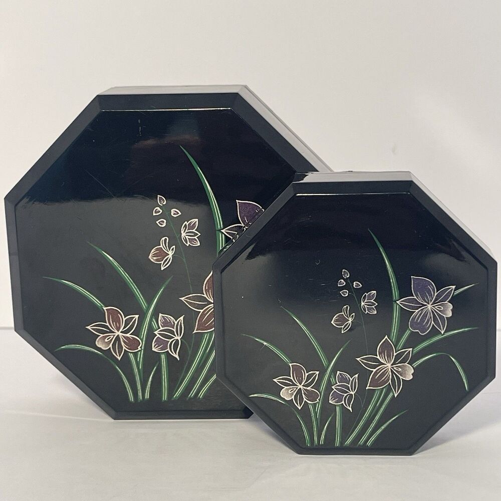 Vintage Nesting Set of 2 Black Floral Octagon Trinket Jewelry Box Stacking Iris
